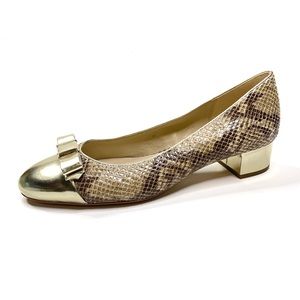 NEW Coach Rivera Heels Gold Snakeskin Leather Bow Neutral Size 8.5